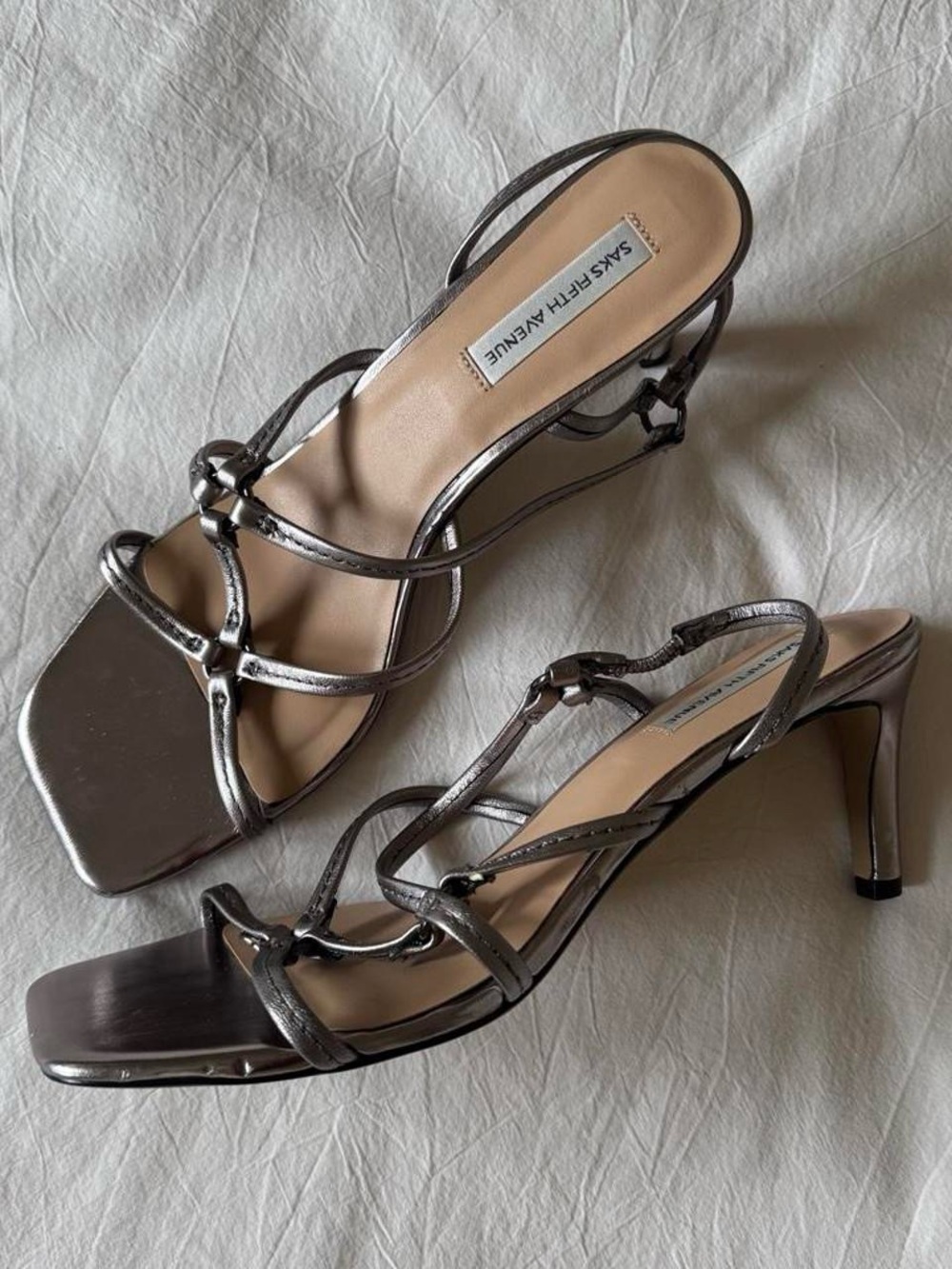 Saks Fifth Avenue Metallic Pewter Strappy Heels